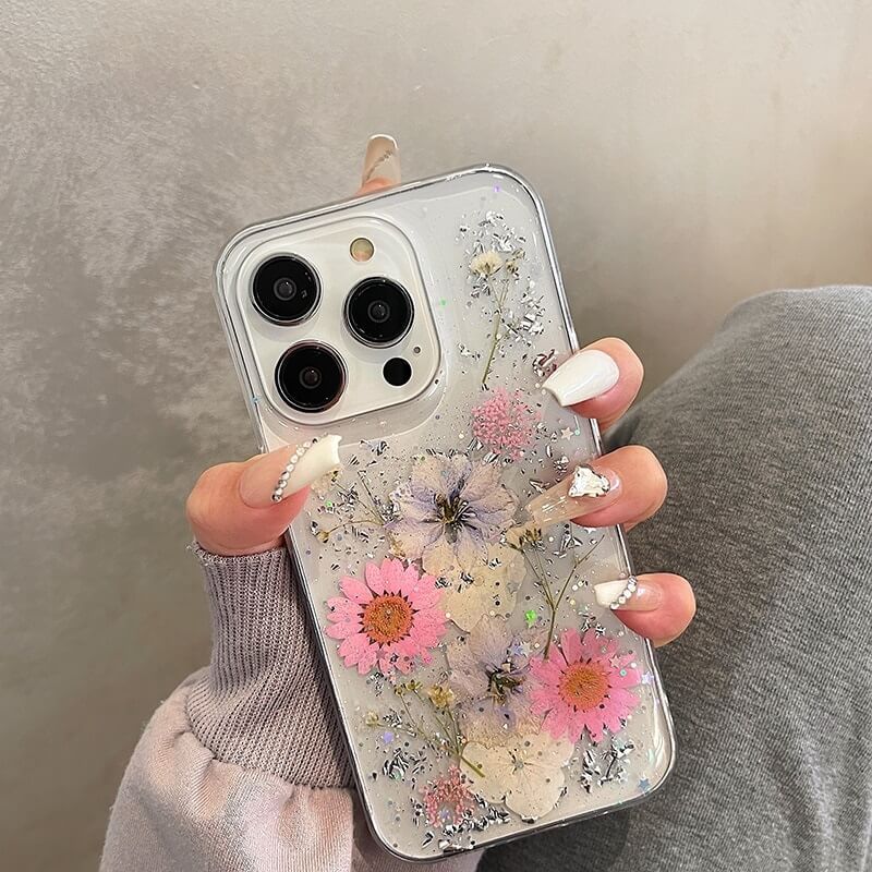 pressed flower glitter phone case