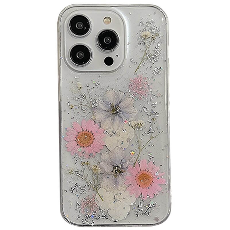 pressed flower silver glitter iPhone case