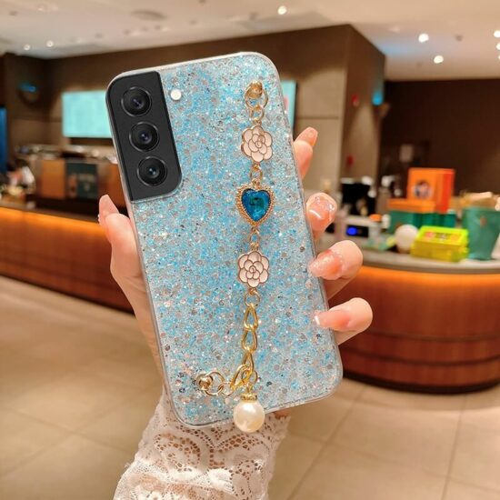 Blue Glitter Diamond Case With Hand Bracelet
