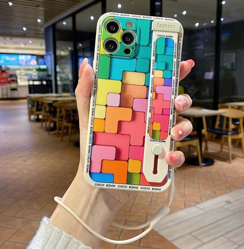 Colorful Block Phone Case With two Hand Strap