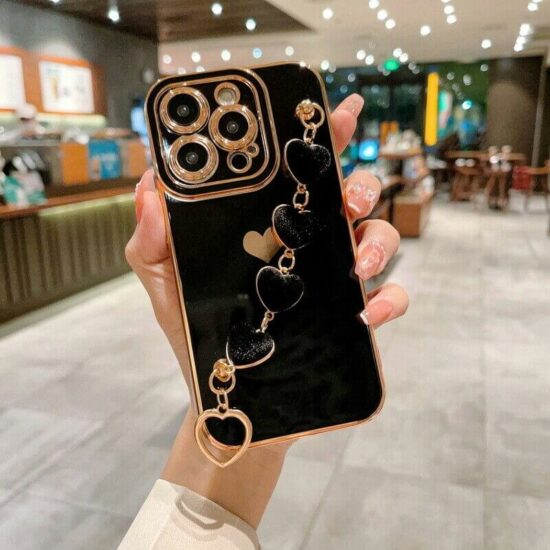 Jewelled iPhone 14 Pro Max Case With Heart Hand Strap (1)