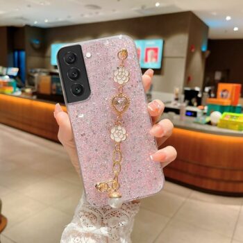 Pink Bling Glitter Diamond Phone Case With Flower and Heart Hand Bracelet