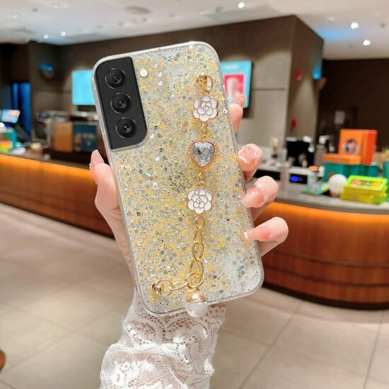 Yellow Bling Glitter Diamond Case With Flower and Heart Hand Bracelet