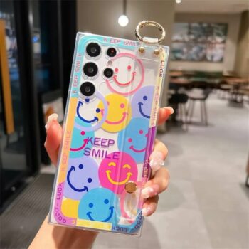 multicolor smiley face phone case with hand strap