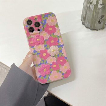 Pink Rose Flower Embroidery iPhone Case