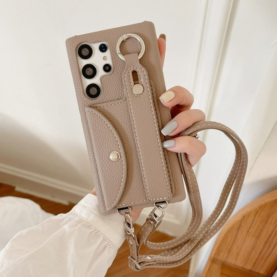 Brown Leather Wallet Stand Wrist Strap Card Pocket Case