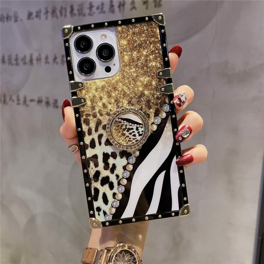 Gold Starry Sky and Leopard Fragments Square iPhone Case