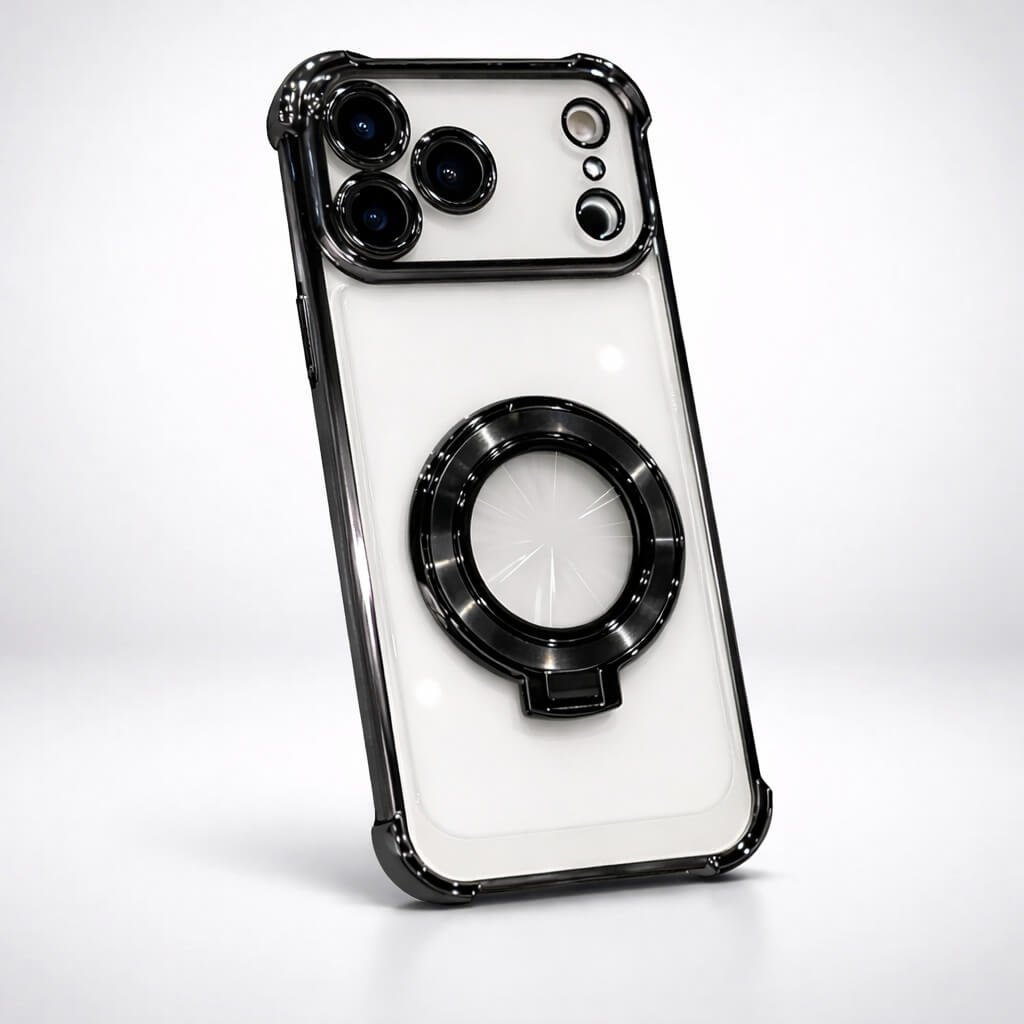 Hybrid smartphone case with raised camera clearance, reinforced corners, and visible magnetic alignment ring Hybrid smartphone case with raised camera clearance, reinforced corners, and visible magnetic alignment ring