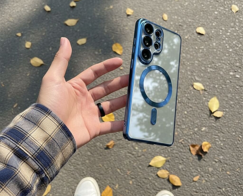 Modern smartphone fitted inside hybrid protective case with reinforced corners and camera lip