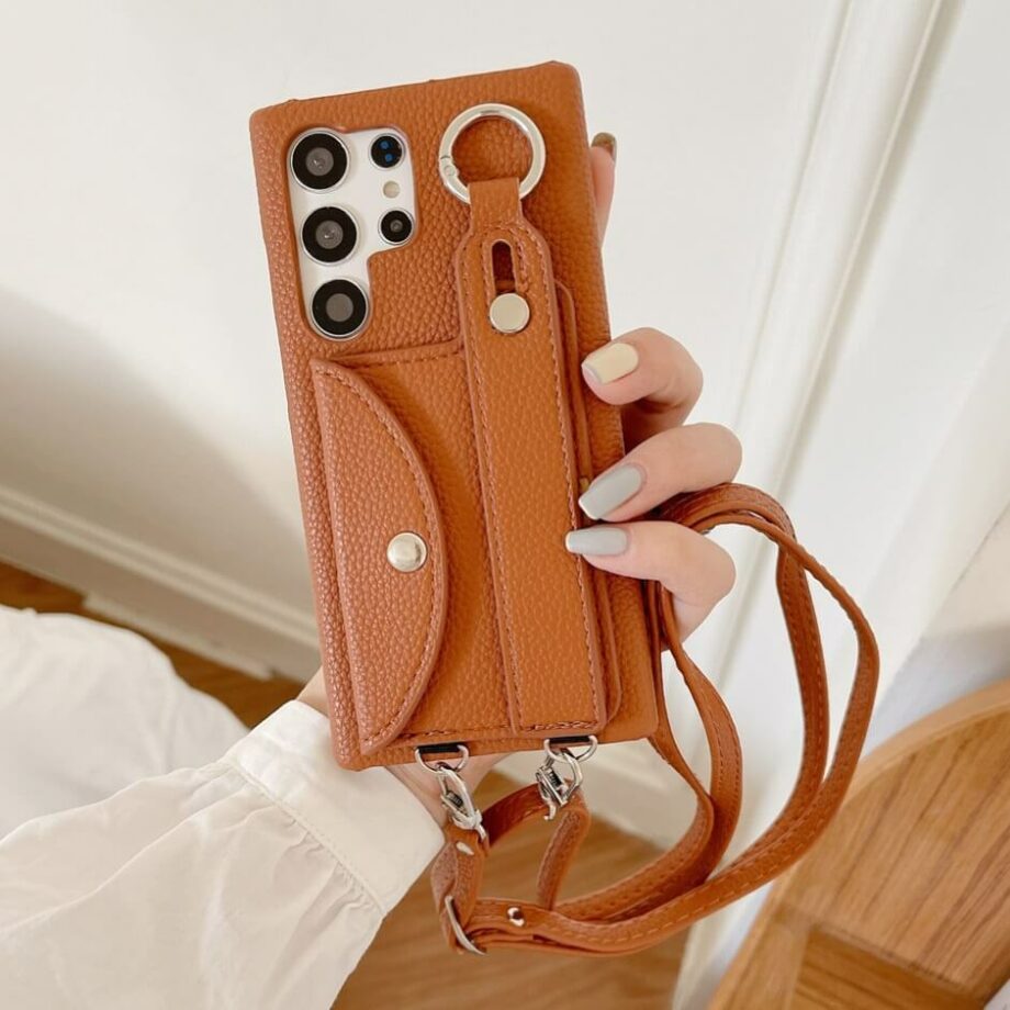 Orange Leather Wallet Stand Wrist Strap Card Pocket Case