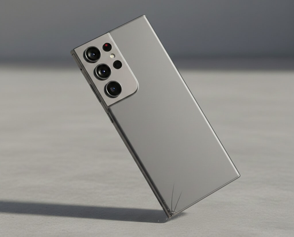 Modern smartphone showing cracked corner from edge impact stress concentration Modern smartphone showing cracked corner from edge impact stress concentration