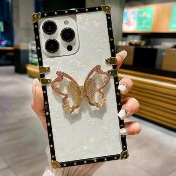 Opal Shell Square iPhone Case with Metal Butterfly Kickstand