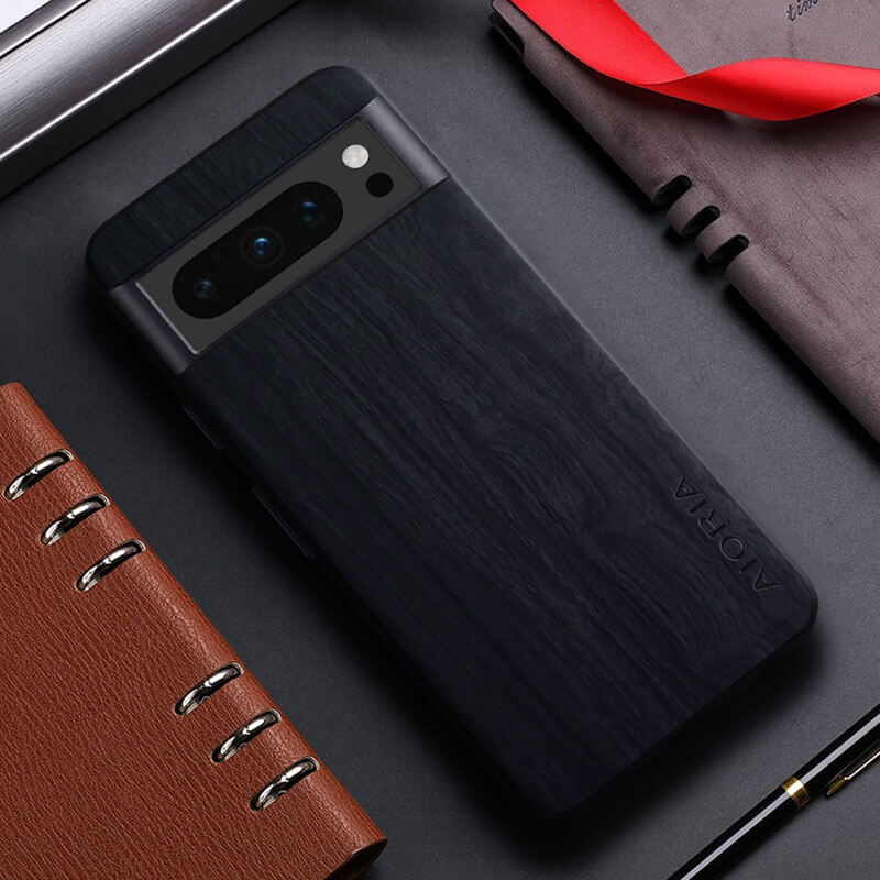 Black Leather Wood Design Case for Google Pixel 8 Series