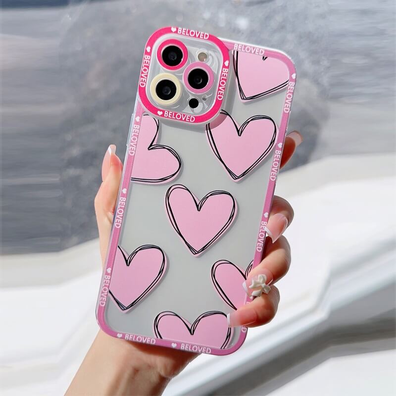 Pink Love Heart Clear Phone Case for iPhone 15 series