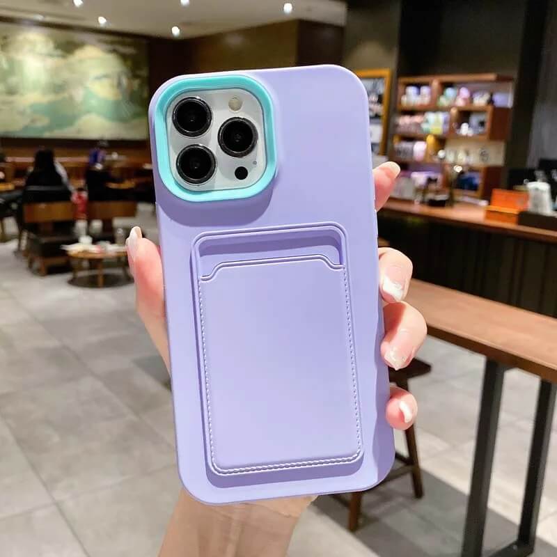 Purple Dual color silicone case with card slot for iPhone 15 series