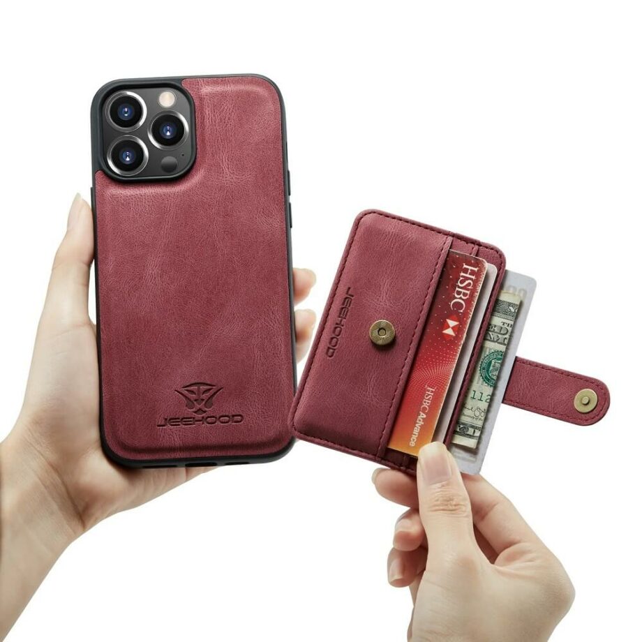 Red Detachable Leather Wallet Case for iPhone 15, 15 Pro, Pro Max