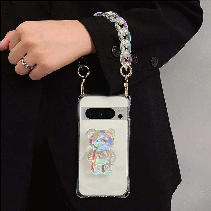 Korean Bear Clear Pixel Phone Case with Short chain and Carabiner