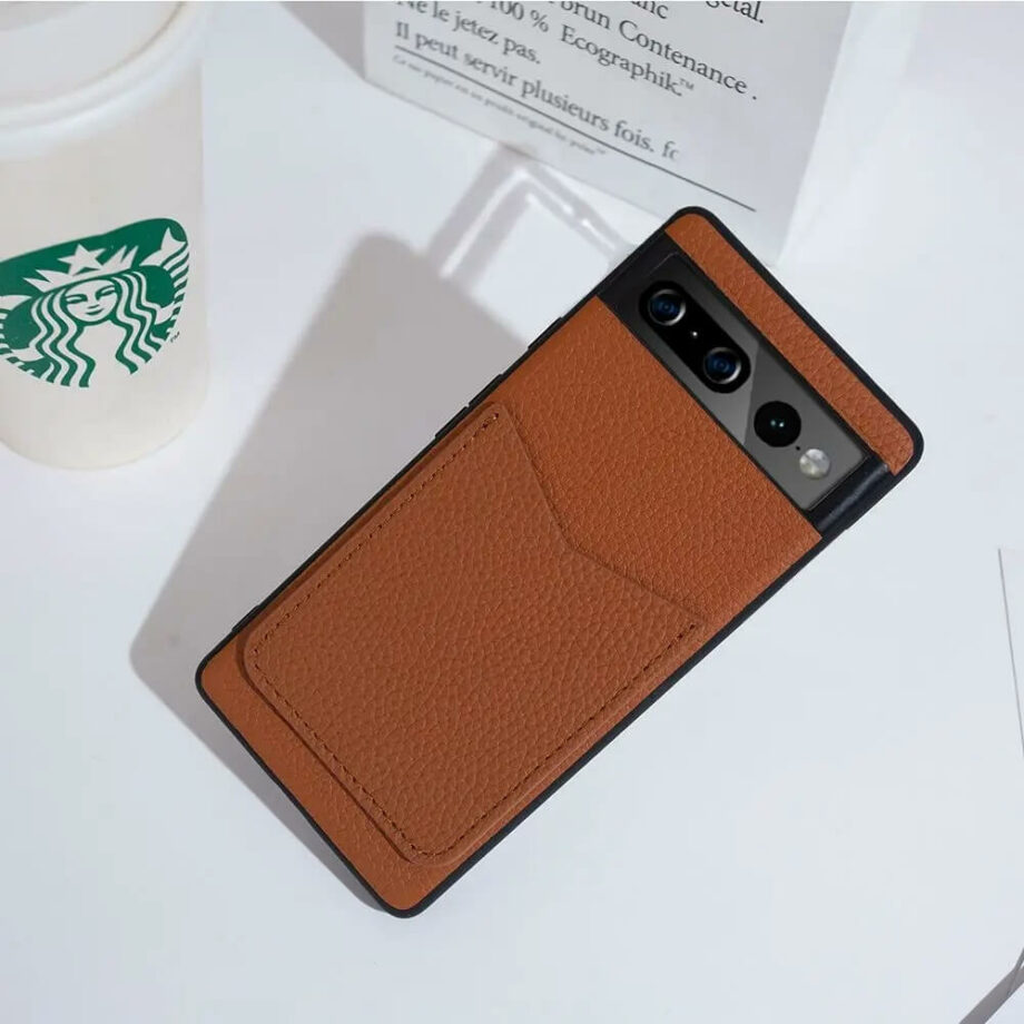 Brown Leather Pixel Phone Case With Card Holder