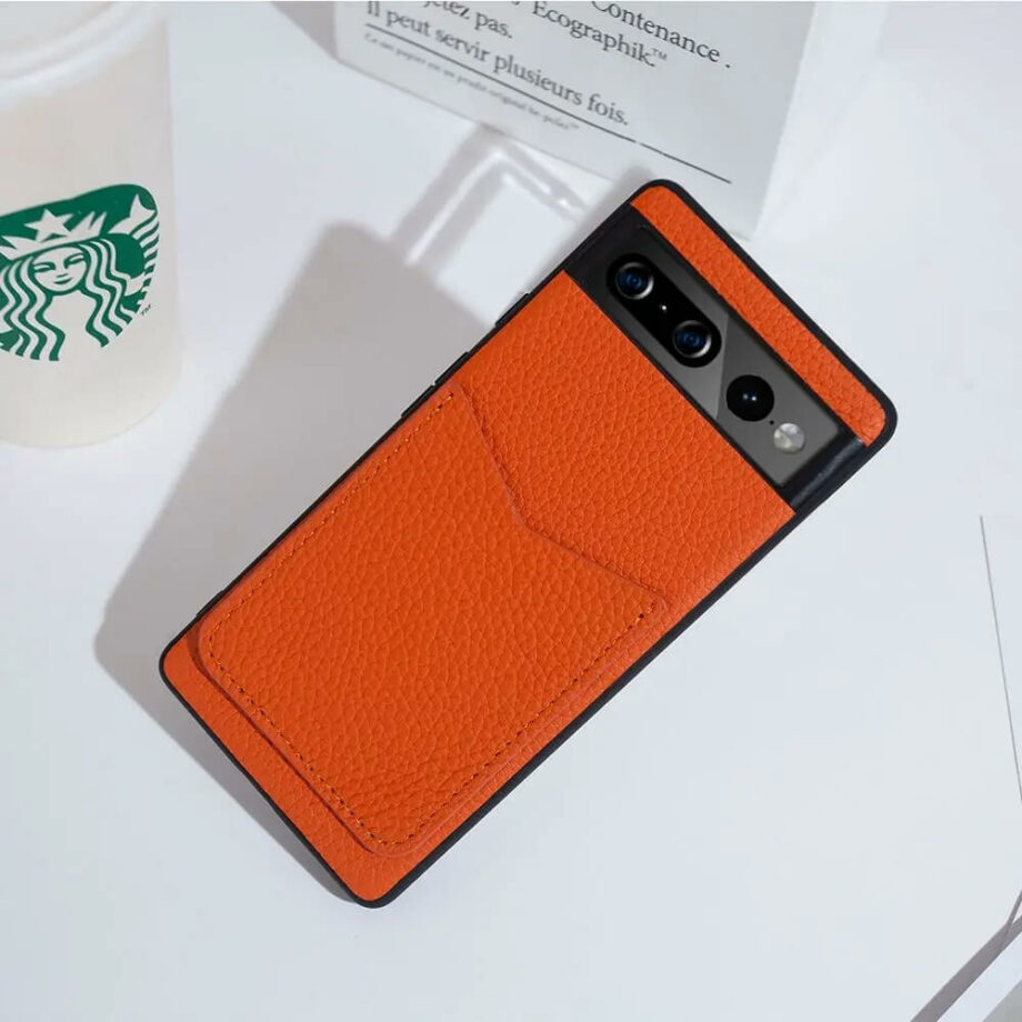 Orange Leather Pixel Phone Case With Card Holder