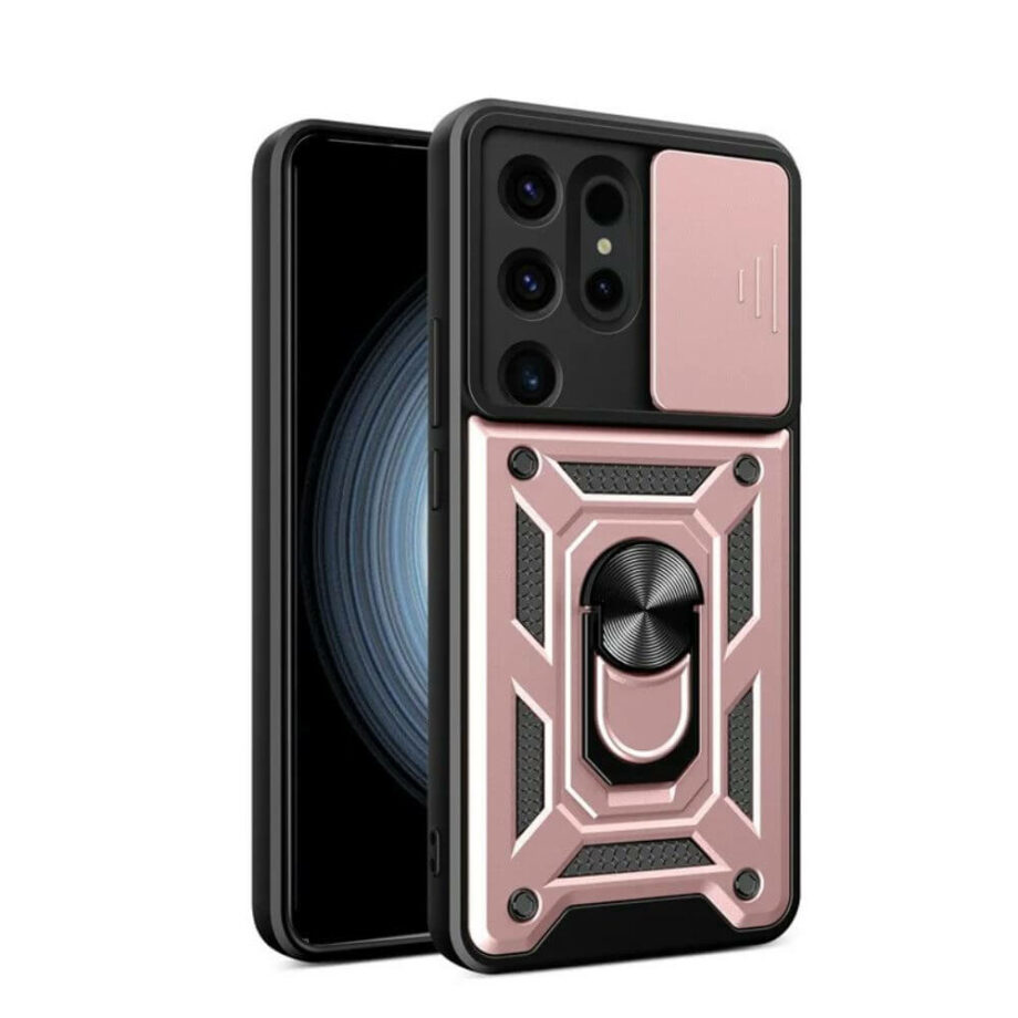 Rose Gold Shockproof Case with Ring Grip and Slide Camera Lens Protector