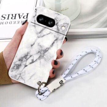White Marble Google Pixel Case with wrist strap