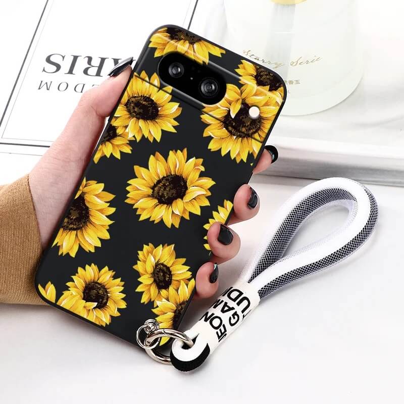 Yellow Sunflower Pixel Phone Case with Wrist Strap