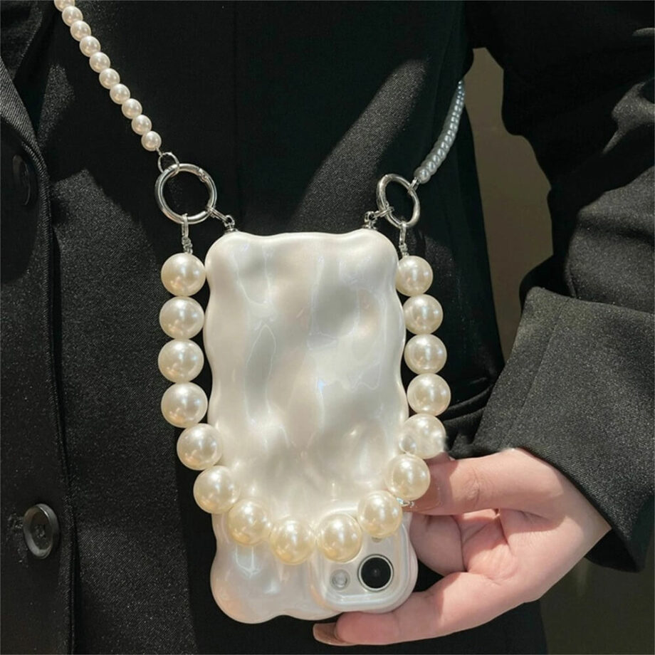 3D Bubble Wave Phone Case with Pearl Lanyard Strap