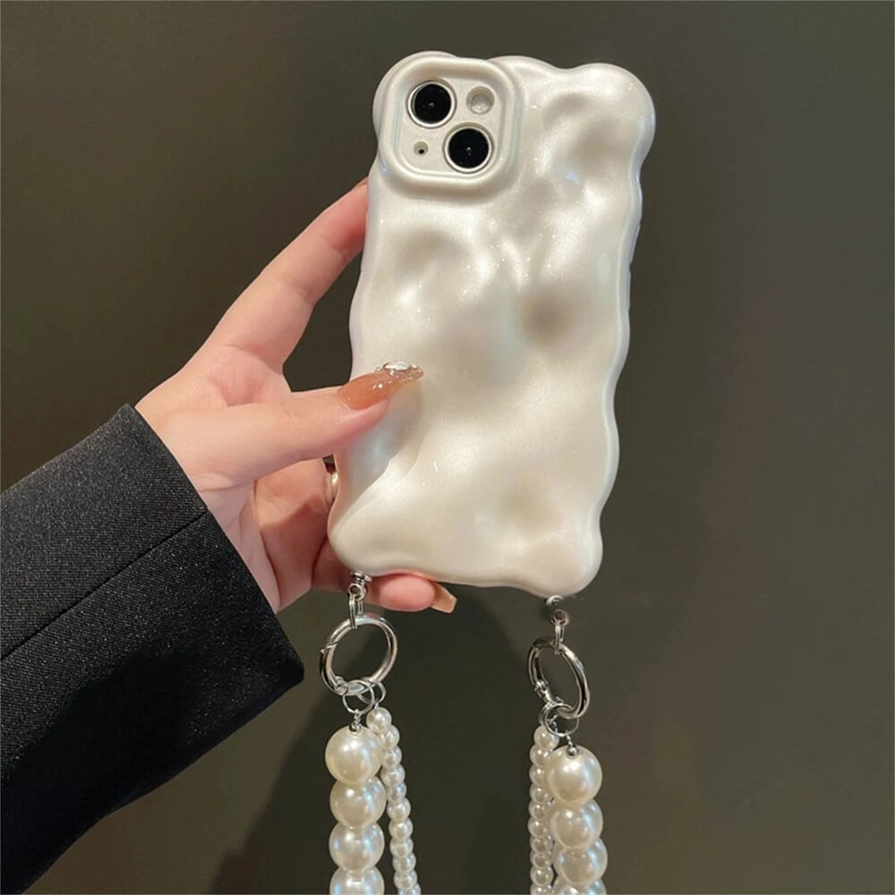 3D Bubble Wave Phone Case with Pearl Lanyard Strap Design