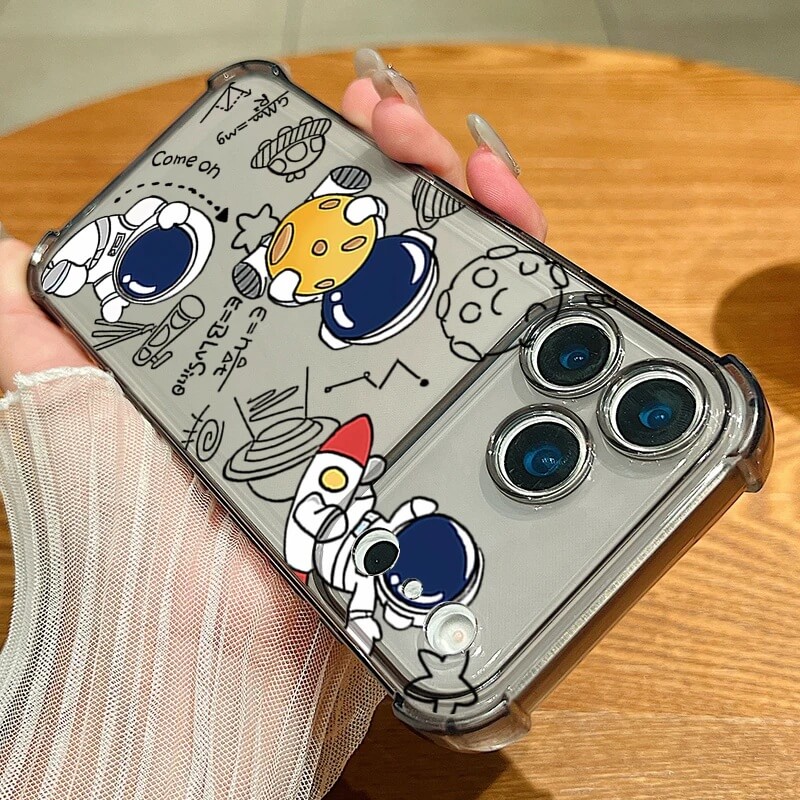 Black Cartoon Astronaut Clear iPhone Case with Space Doodles Black Cartoon Astronaut Clear iPhone Case with Space Doodles