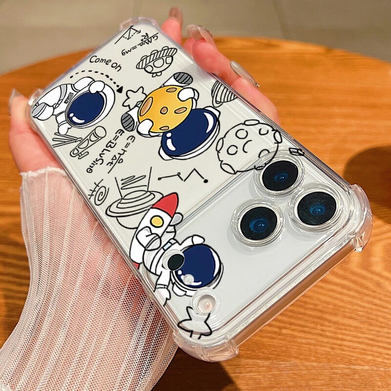 Cartoon Astronaut Transparent iPhone Case with Space Doodles Cartoon Astronaut Transparent iPhone Case with Space Doodles