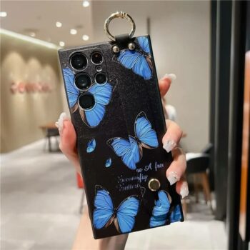 Blue Butterfly Samsung Phone Case with Holder Strap
