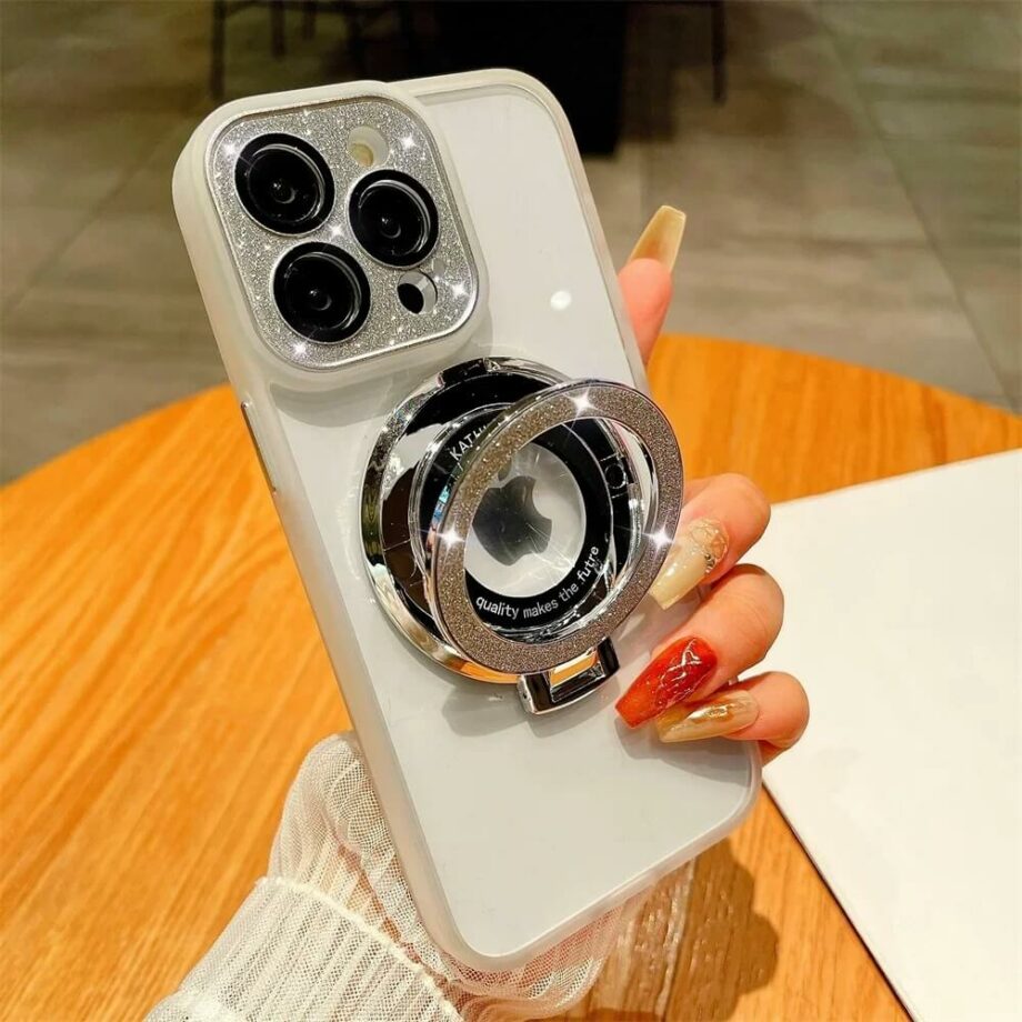 Glitter Magnetic iPhone 15 Pro Case Bracket With Camera Lens Cover