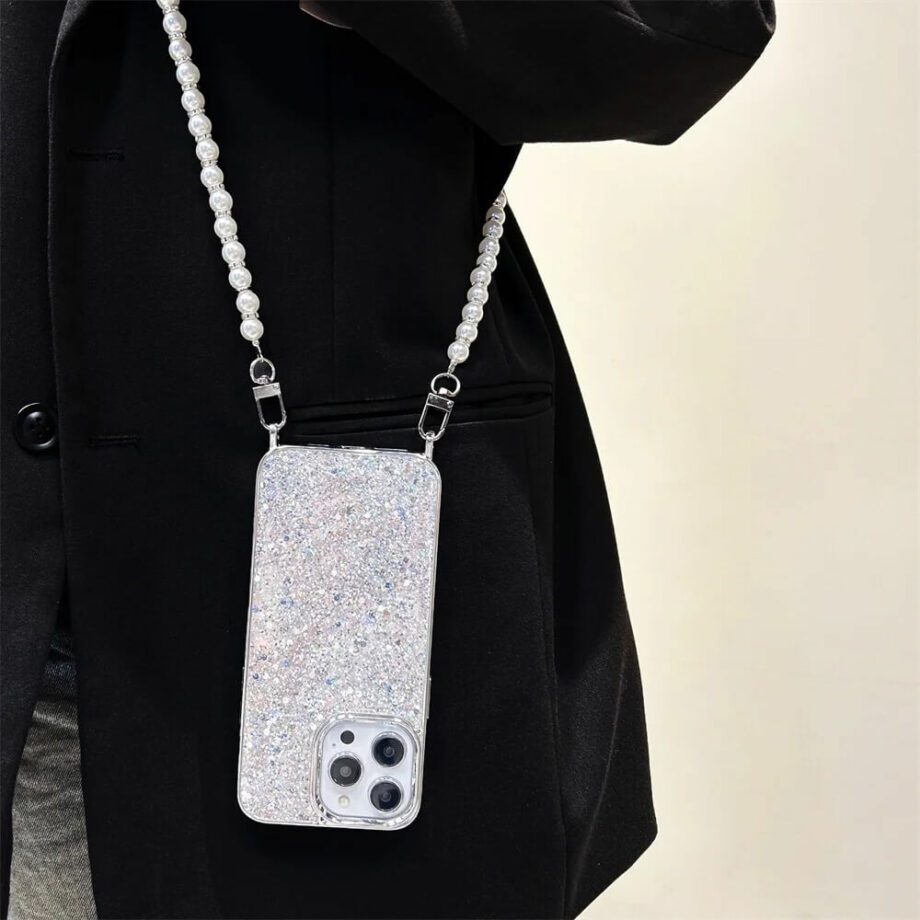 Glitter iPhone Case With Pearl Crossbody Phone Chain