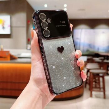 Gradient Heart Glitter Phone Case With Window Camera Lens Glass Protection