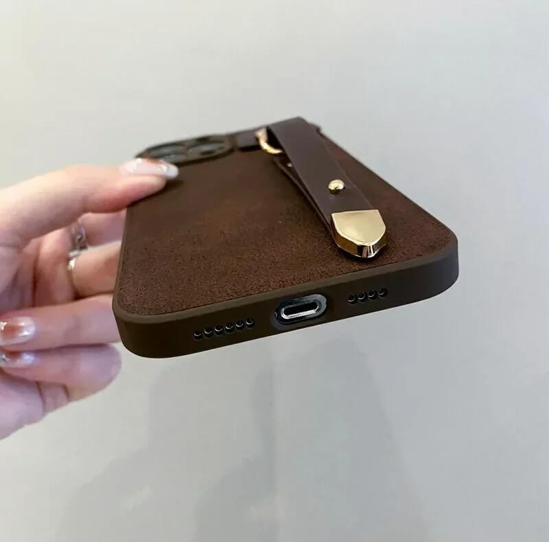 Luxury Coffee Leather iPhone Case Cover with Hand Strap