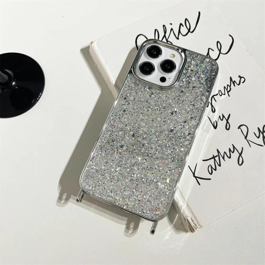 Silver Glitter Phone Case With Pearl Crossbody Chain