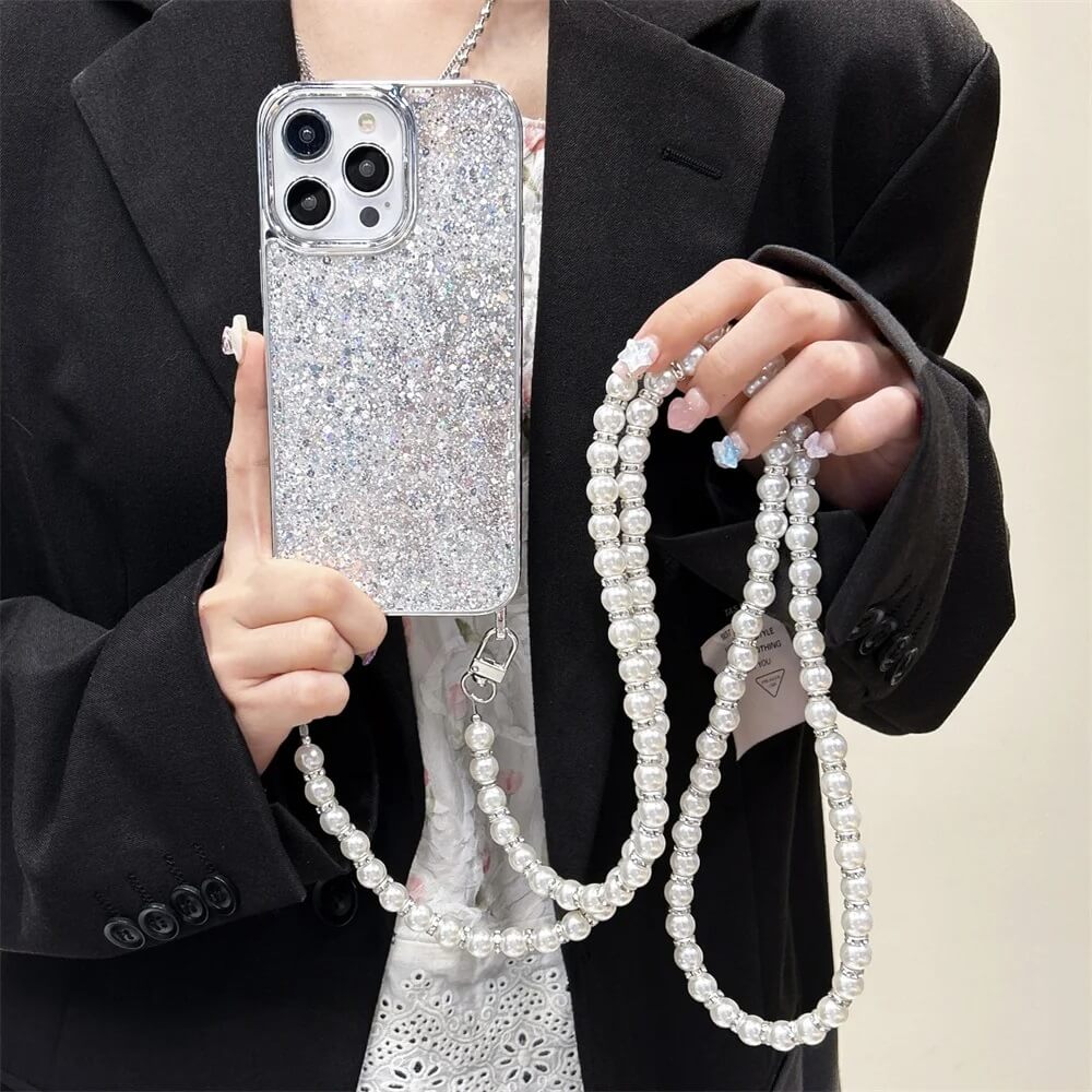 Silver Glitter iPhone Case With Pearl Crossbody Chain