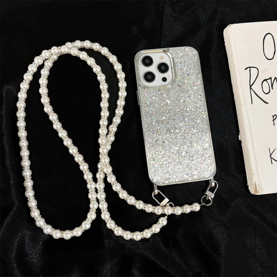 Silver Glitter iPhone Case With Pearl Crossbody Phone Chain