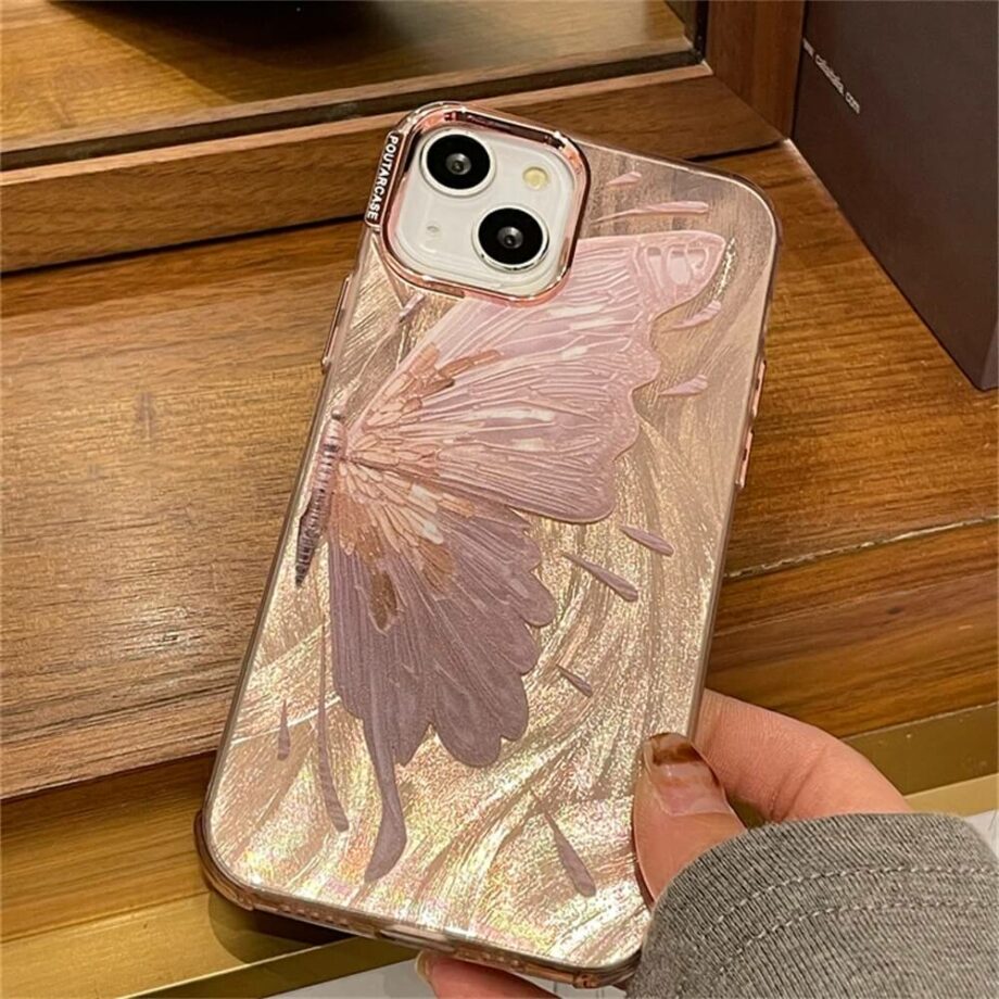 laser pink and gold butterfly phone case