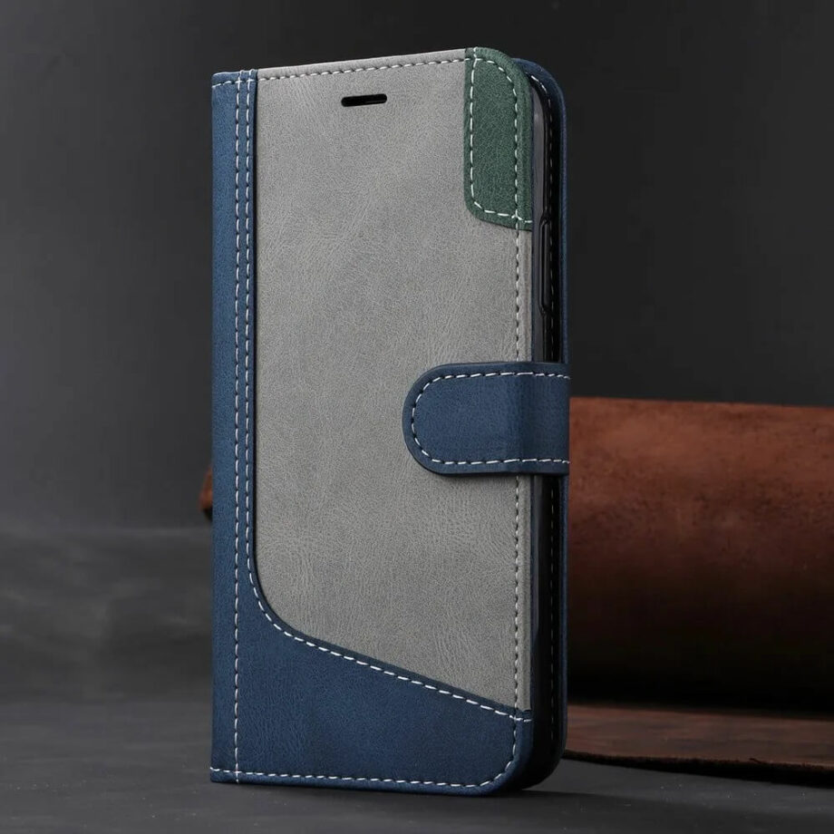blue Leather Flip Wallet Pixel Phone Case
