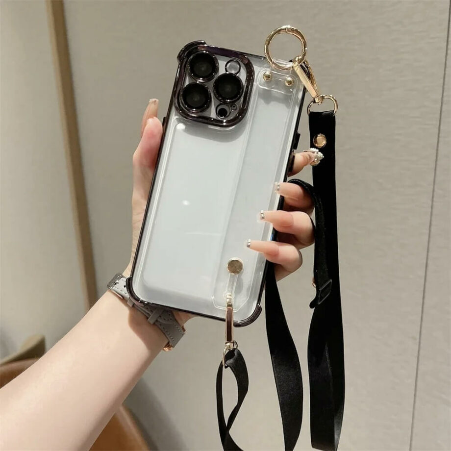 Clear Crossbody Plating iPhone Case With Silicone Hand Strap- black