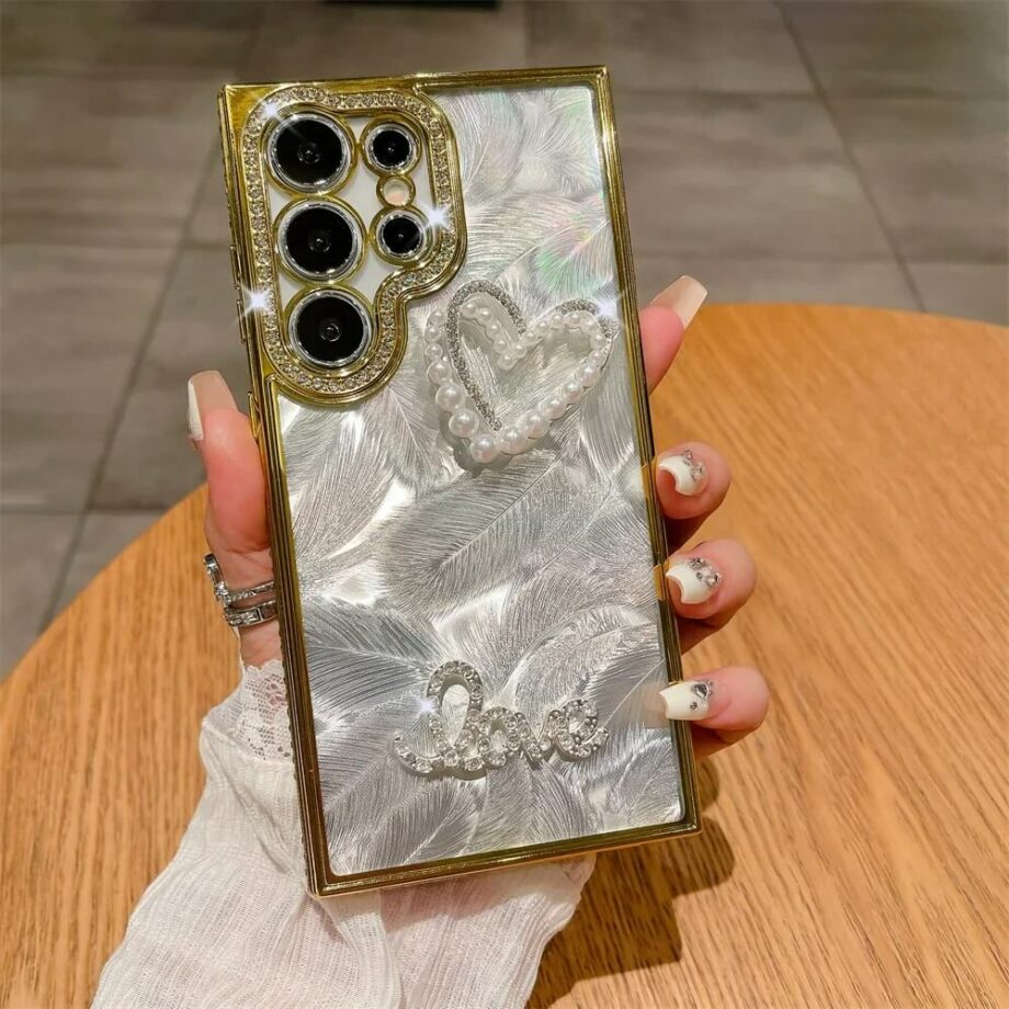Laser Feather Samsung Phone Case with Pearl Heart (1)
