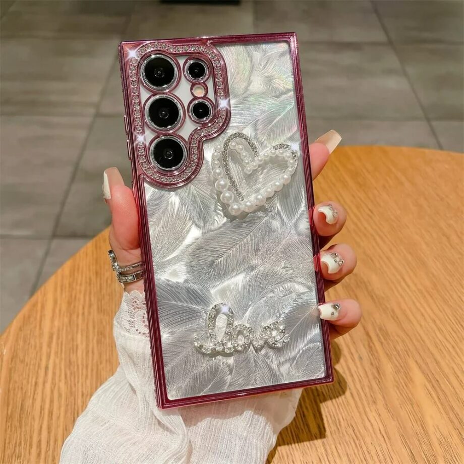 Laser Feather Samsung Phone Case with Pearl Heart (2)