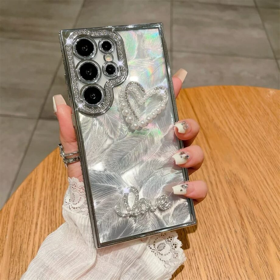 Laser Feather Samsung Phone Case with Pearl Heart (3)