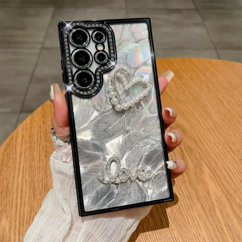 Laser Feather Samsung Phone Case with Pearl Love Heart