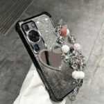 Black Glam Heart Mirror Charm Huawei Phone Case with Bracelet Strap