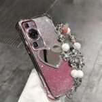 Pink Glam Heart Mirror Charm Phone Case with Bracelet Strap