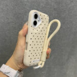 Polka Dot Beige Lychee Grain Leather iPhone Case with Wrist Strap