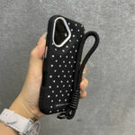 Polka Dot Black Lychee Grain Leather iPhone Case with Wrist Strap
