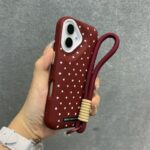 Polka Dot Red Lychee Grain Leather iPhone Case with Wrist Strap